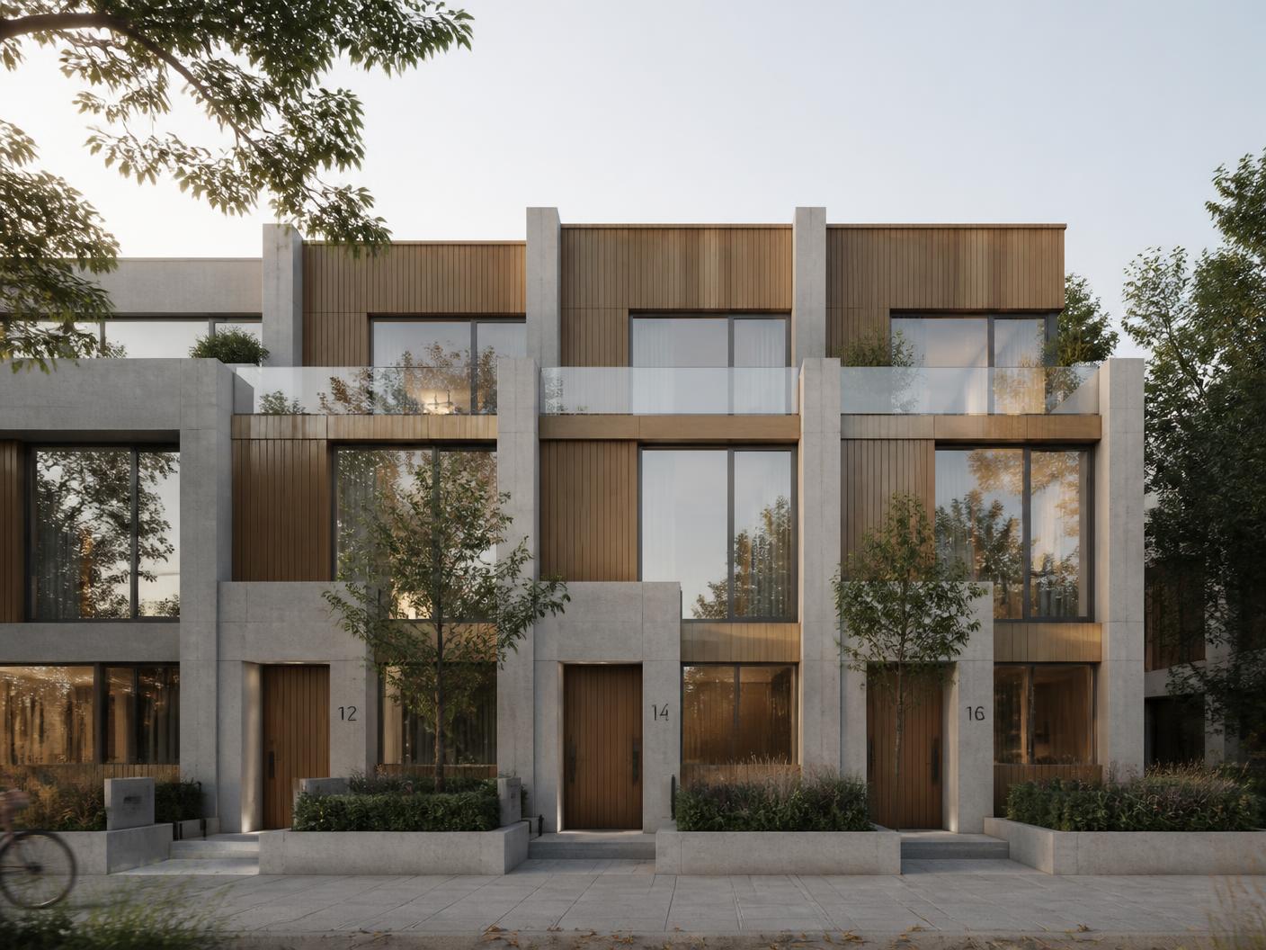 Neubau-Stadtvilla mit Betonfassade und Eichenholz-Verkleidung in Stuhr-Moordeich